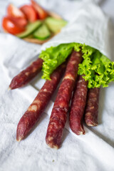 Beef and pork fresh meat with salt and spices on the table. Delicious tasty meat food 