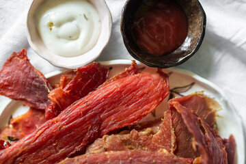 Beef and pork fresh meat with salt and spices on the table. Delicious tasty meat food 