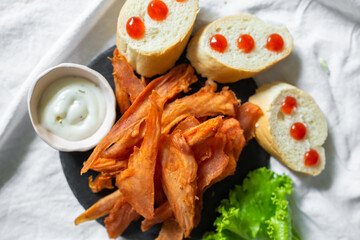 Beef and pork fresh meat with salt and spices on the table. Delicious tasty meat food 