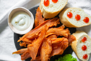 Beef and pork fresh meat with salt and spices on the table. Delicious tasty meat food 