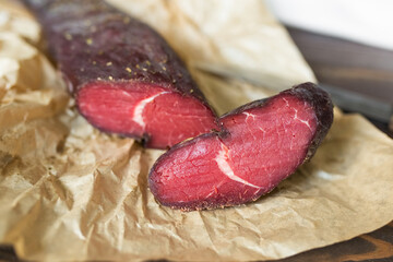 Beef and pork fresh meat with salt and spices on the table. Delicious tasty meat food 