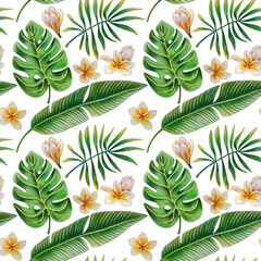 Fototapeta na wymiar Seamless pattern of tropical leaves and flowers drawn with colored pencils on a white background. For fabric, sketchbook, wallpaper, wrapping paper.