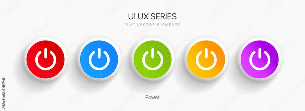 Poster flat style circle start icon and power button. shut down symbol. on off icon.