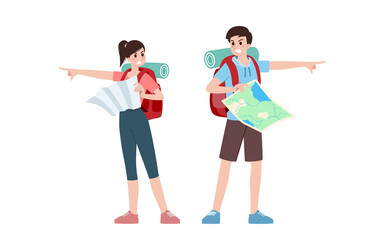 Group of young tourist characters. Traveling tourists with travel backpack going on vacation trip after covid-19 virus was diminish. Vacation people isolated vector. Summer character, woman and man.