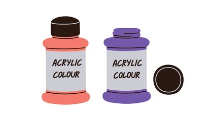 Acrylic paints in bottles. Colour, dye jar for drawing. Colors, pigments packages, containers for painting art. Flat vector illustration isolated on white background