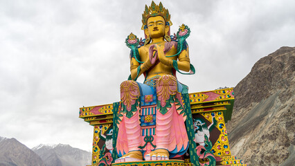 Fototapeta na wymiar Diskit, Ladakh, India - Diskit Monastery also known as Deskit Gompa or Diskit Gompa is the oldest and largest Buddhist monastery in the Diskit Gompa