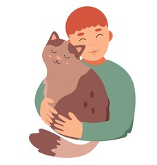 Smiling boy hugging his cat. Warm cuddling domestic pet, animals lover, little family friend, embrance kitten flat illustration