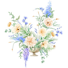 Watercolor spring violet and beige flowers arrangement. - 516919268