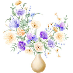 Watercolor spring violet and beige flowers arrangement.