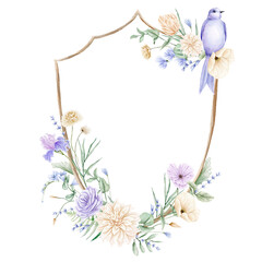 Watercolor spring violet and beige flowers crest