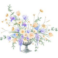 Watercolor spring violet and beige flowers arrangement. 