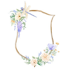 Watercolor spring violet and beige flowers crest