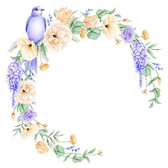 Watercolor spring violet and beige flowers arrangement. 