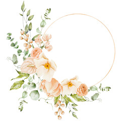 Watercolor spring orange and beige flowers wreath