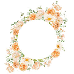 Watercolor spring orange and beige flowers wreath