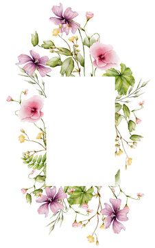 Watercolor wild flowers frame with hand painted filed flowers and herbs