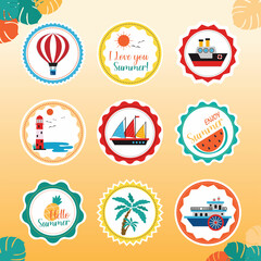 Summer colorful icons and stickers, boats, air ballons, sea