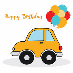 Obraz premium Happy birthday card with yellow car and balloons