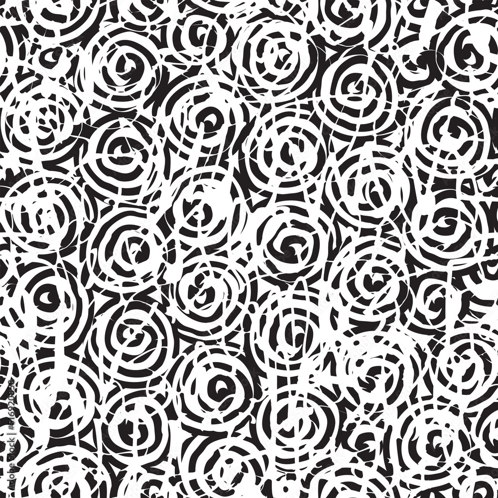 Poster abstract seamless pattern with tangled spiral doodles. black and white vector background in grunge s