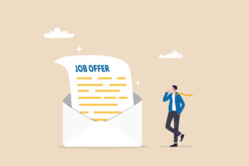 Job offer or job opportunity to be promoted or new position for higher salary, employment and recruitment, human resources concept, businessman candidate thinking to accept job offer email envelope.