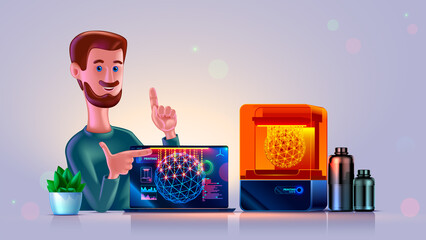 3D character of smiling man with 3d printer showing 3d printing tutorial at screen laptop. isolated Cartoon Clever engineer teaching computer modelling, 3d printing. Tech geek guy working in workshop - obrazy, fototapety, plakaty
