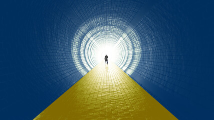 Concept or conceptual blue and yellow tunnel, the Ukrainian flag colors, with a bright light at the end as metaphor to hope and faith. A 3d illustration of a black silhouette of walking man to freedom