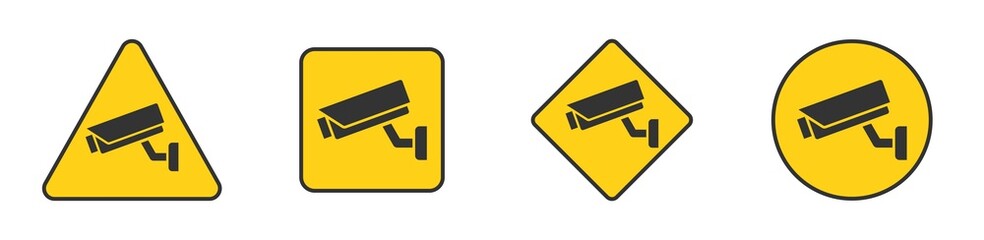 Video surveillance sign set. Warning stickers for security alarm. CCTV camera icon. Flat vector illustration.