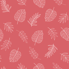 Seamless pattern with tropical plants and leaves on a burgundy color background. Floral pattern. Hand draw texture. Vector template. Botanical design for fabric, paper, cover, interior decor.