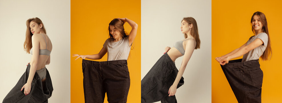 Collage made of images of young beautiful women with perfect body shapes in oversize jeans isolated over grey-yellow background. Healthy eating, dieting, sport concept