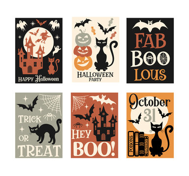 Vector Halloween greeting card. Vector collection with pumpkins, castle, ghost, moon. Halloween party. Vector set of Halloween party invitations. Illustration for flyer, banner, poster templates.