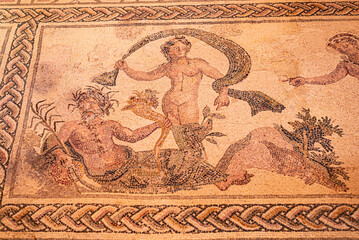 Ancient Greek floor mosaic in archaeologic park Kato Paphos, Cyprus.