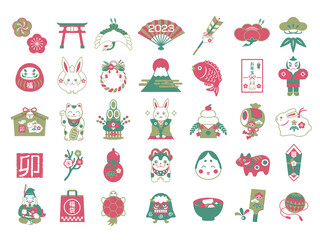 正月と年賀状の縁起物アイコンセット