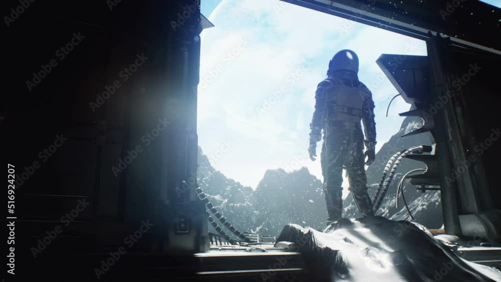 Wall mural an astronaut admiring the view of the planet from his wrecked spaceship. the astronaut explores the 