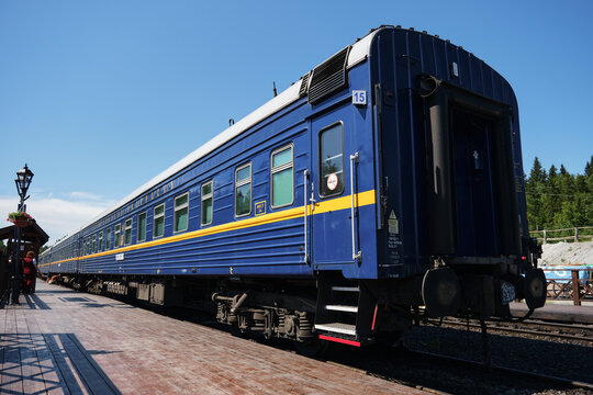 June 2022, Russia Karelia. Blue passenger wagons for people at railway station. Popular tourist destination. Ruskeala Express. The end of the train.
