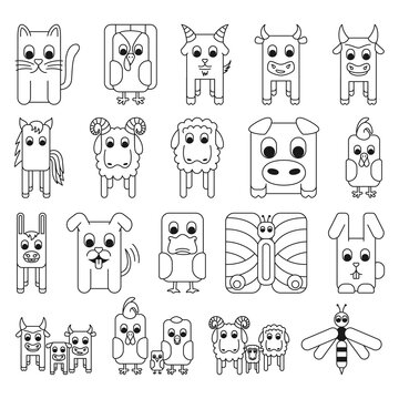 19 black and white line art farm elements set