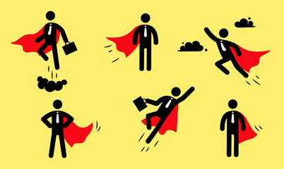 Fototapeta na wymiar Superhero business pictogram man icon set. Superhero businessman flying stick figure. Victory worker, employer pictogram person. Vector illustration.