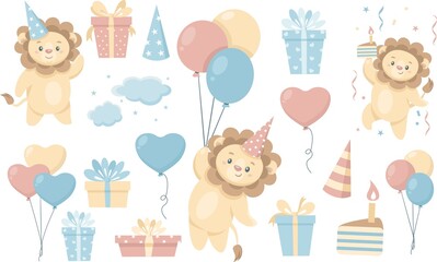 Greeting vector set. Little lion cub celebrating birthday, flying on balloons, jumping with cake in hand. Gifts, balloons, clouds