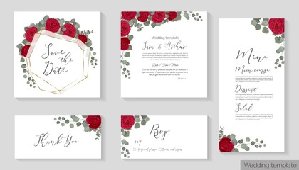 Vector set for wedding invitations. Red roses, polygonal gold frame, eucalyptus. Invitation card, thank you, rsvp, menu