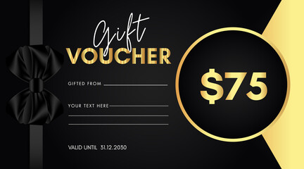 75 dollar discount for shopping template design with black bow and gold circle frame isolated on black background. Special offer gift voucher template to save money. Gift certificates, coupon code.