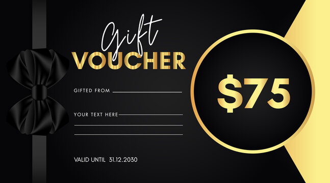 75 dollar discount for shopping template design with black bow and gold circle frame isolated on black background. Special offer gift voucher template to save money. Gift certificates, coupon code.