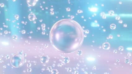 3D cosmetic rendering Serum bubbles in various colors on a blurry background. Design of collagen bubbles. Essentials of Moisturizing and Serum Concept. The idea of vitamins for skin care.
