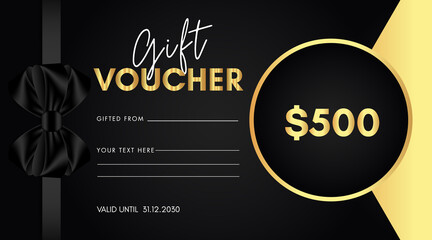 500 dollar discount for shopping template design with black bow and gold circle frame isolated on black background. Special offer gift voucher template to save money. Gift certificates, coupon code.