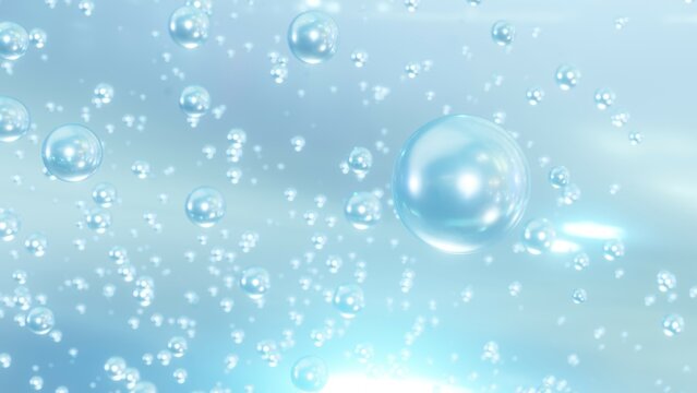 3D cosmetic rendering Blue Bubbles of serum on a blurry background. Design of collagen bubbles. Essentials of Moisturizing and Serum Concept. Concept of vitamins for beauty and health.