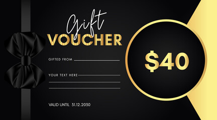 40 dollar discount for shopping template design with black bow and gold circle frame isolated on black background. Special offer gift voucher template to save money. Gift certificates, coupon code.