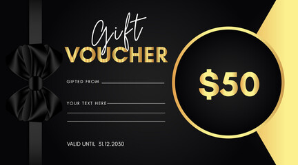 50 dollar discount for shopping template design with black bow and gold circle frame isolated on black background. Special offer gift voucher template to save money. Gift certificates, coupon code.