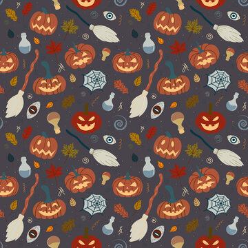  pattern with witchcraft attributes spiders,broom