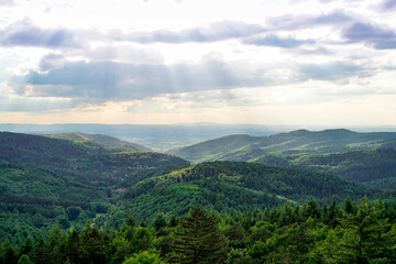Panoramic view of the hilly landscape near Wilhelmsfeld, in Baden-Württemberg. Green nature with mountains and forests.
