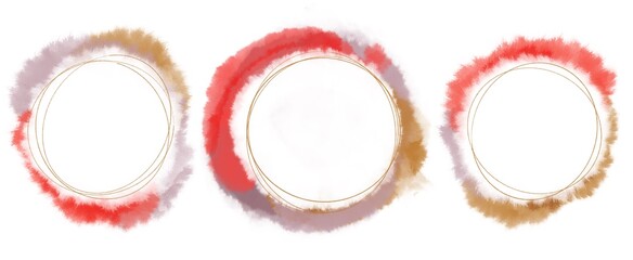 Set de tres Ilustraciones artísticas, marcos de acuarela y oro con forma circular, aislado sobre fondo blanco, en colores rojos malvas y dorados. Impresión moderna abstracta