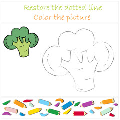 Broccoli. Vegetables. Educational developing game for preschoolers "Trace and color". Vector illustration for children, eps