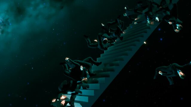 Business people in suits falling down a surreal staircase in space